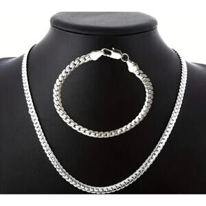 925 Sterling Silver Flat Link Chain Necklace & Bracelet Set